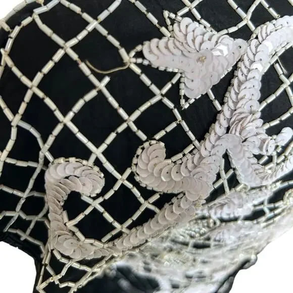 Vintage 80s Beaded Sequined Party Cocktail Mini Dress Carina Black White M Glam